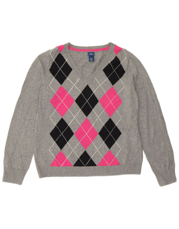 Izod Dame V-hals sweater UK 14 Large Grey Argyle/Diamond