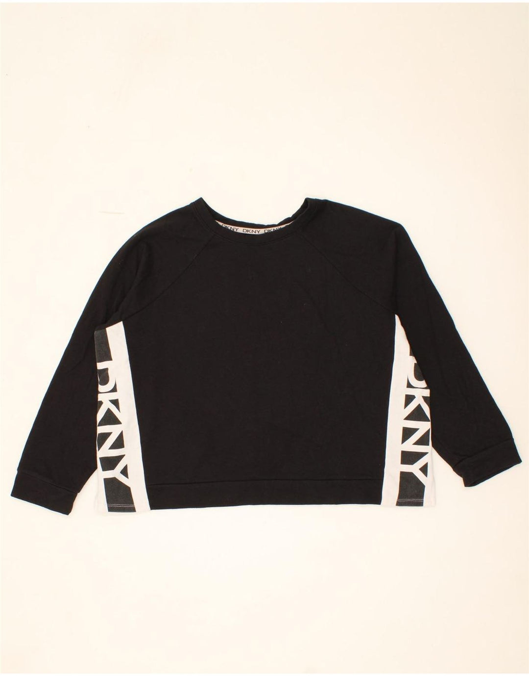 DKNY Womens Crop Graphic Sweatshirt Jumper UK 14 Medium Black Colourblock Vintage Dkny and Second-Hand Dkny from Messina Hembry 