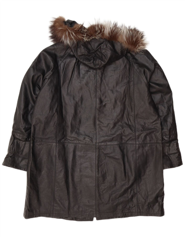 Vintage dame hætte oversize læder frakke IT 48 XL sort læder