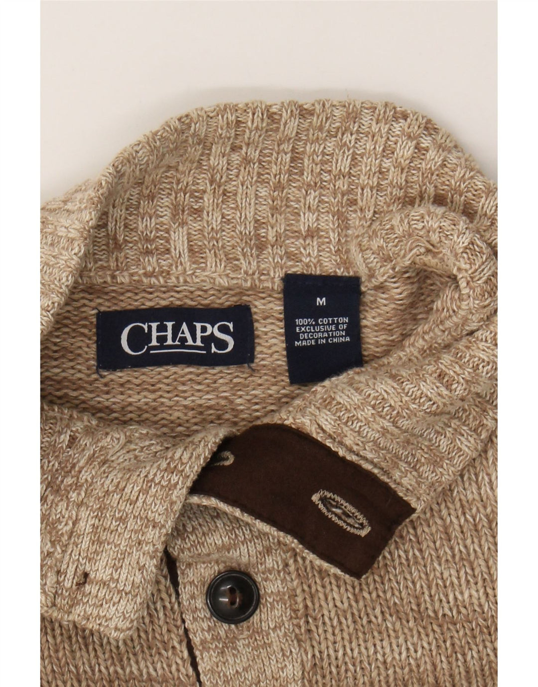 CHAPS Mens Button Neck Jumper Sweater Medium Beige Flecked Cotton