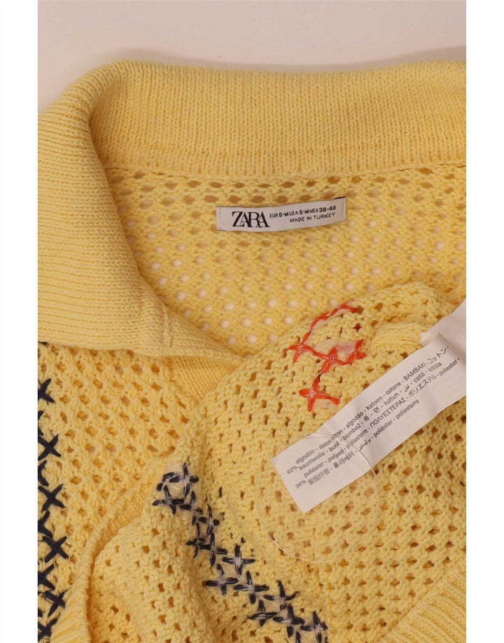 Zara Herre See Through Polo Neck Jumper Sweater Lille Gul Stribet