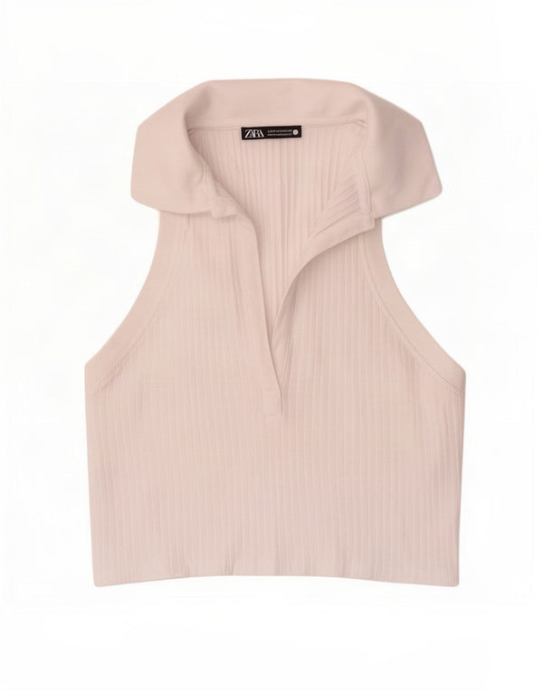 Zara Womens Crop ærmeløs poloshirt UK 12 Medium White Bomuld