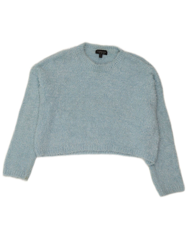 Topshop Dame Crop Crew Neck Jumper Sweater UK 12 Medium Blue Polyester