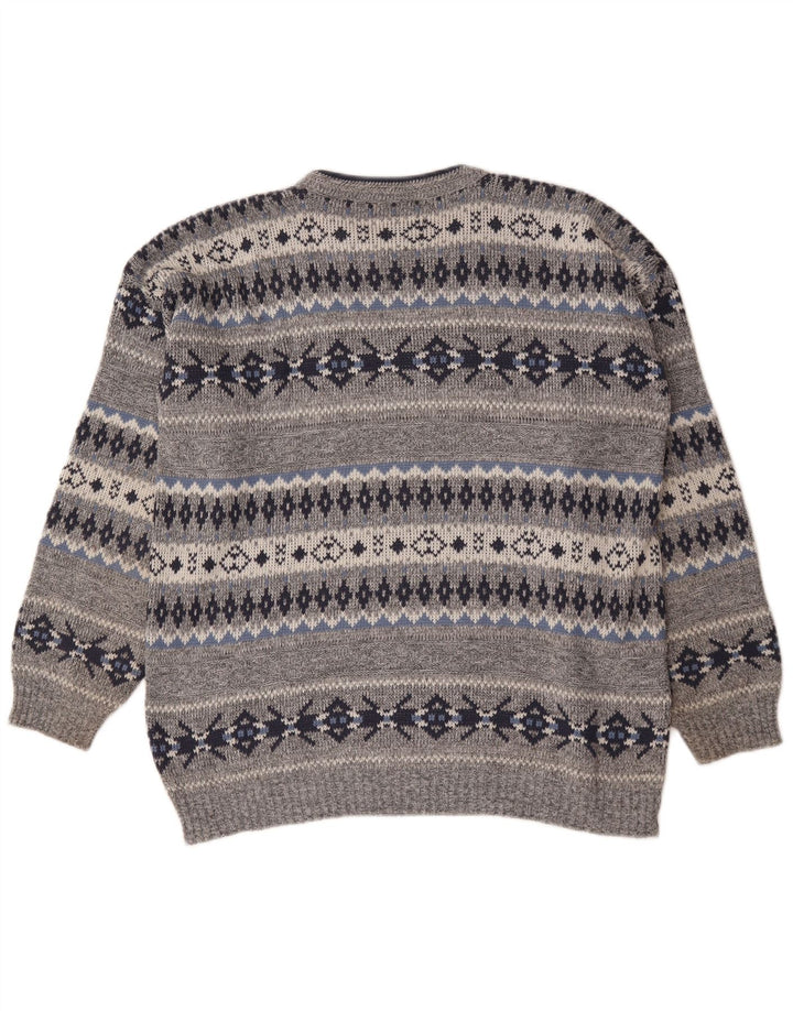 Vintage Herre rund hals sweater Large Grey Fair Isle