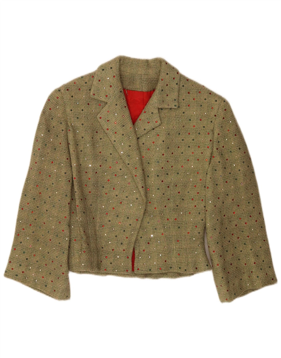 Vintage Dame Crop 3/4-ærmet blazerjakke UK 12 Medium Green Spotted
