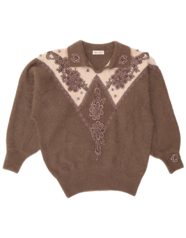 Vintage Womens Polo Neck Jumper Sweater UK 16 Large Brown Colourblock