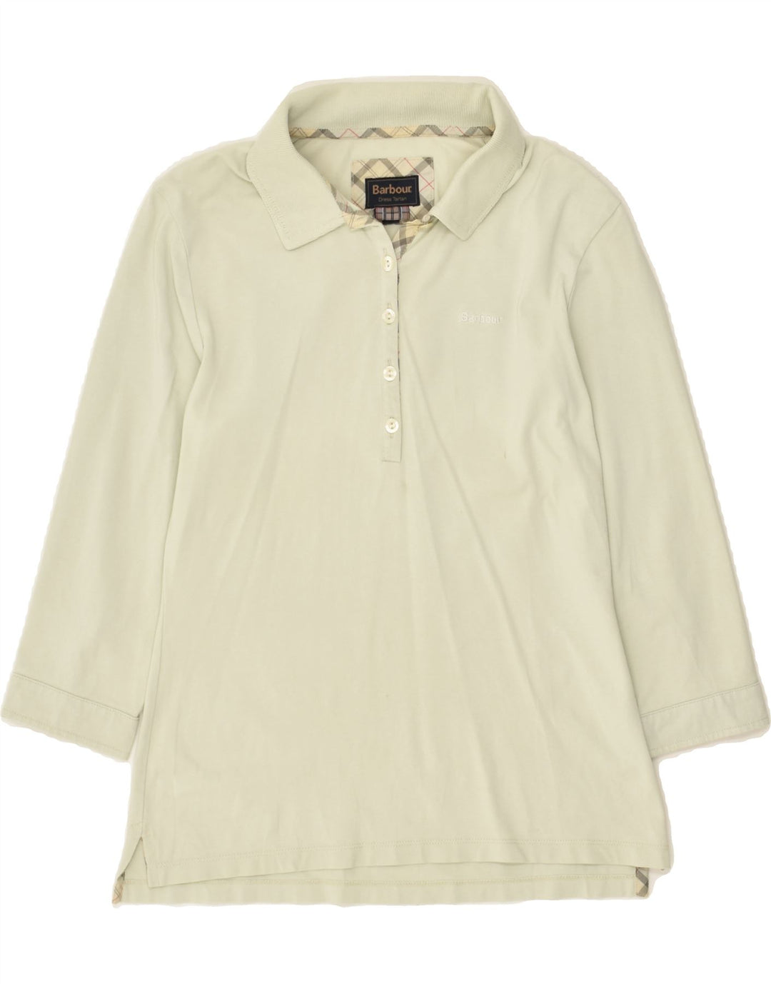 BARBOUR Womens 3/4 Sleeve Polo Shirt UK 10 Small Beige | Vintage Barbour | Thrift | Second-Hand Barbour | Used Clothing | Messina Hembry 