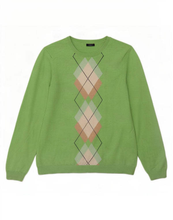 Izod Womens Boat Neck Jumper Sweater UK 18 XL Green Argyle/Diamond Cotton