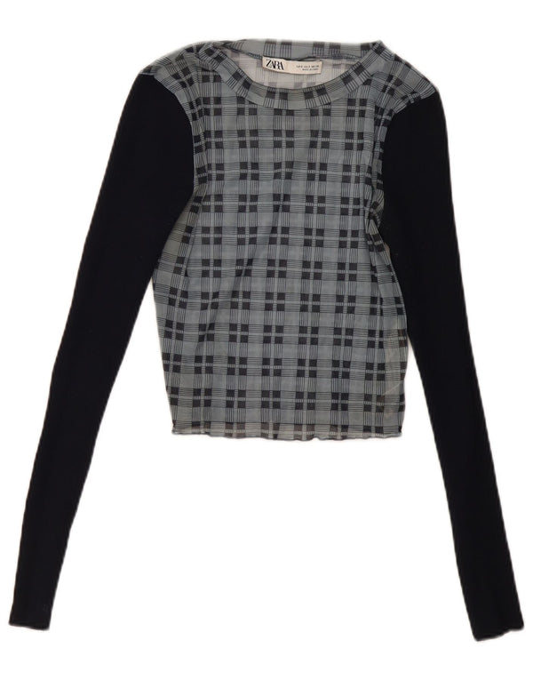 Zara Womens Crop Langærmet Bluse Top UK 8 Small Navy Blue Check