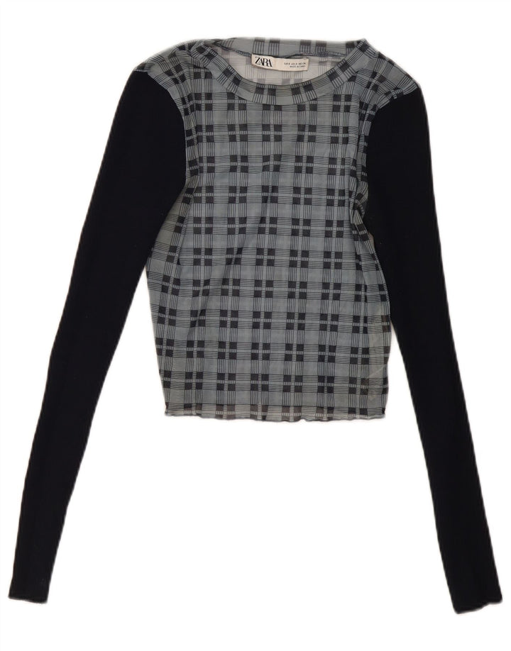 Zara Womens Crop Langærmet Bluse Top UK 8 Small Navy Blue Check