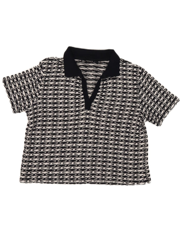 Zara Womens Crop Polo Shirt UK 14 Medium Black Geometric