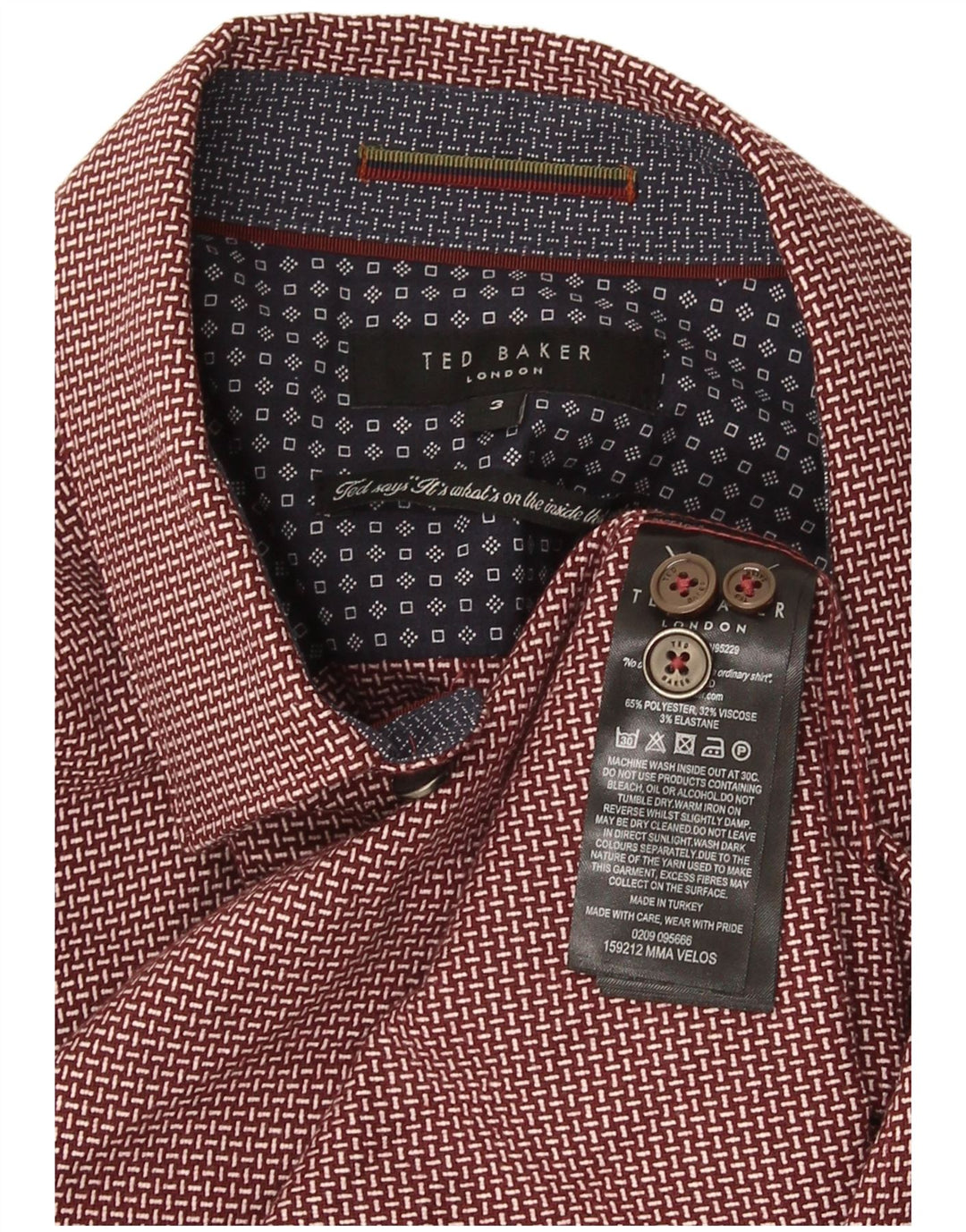 Ted Baker Herre Regular Fit skjorte størrelse 3 Medium Burgundy Geometric Polyester