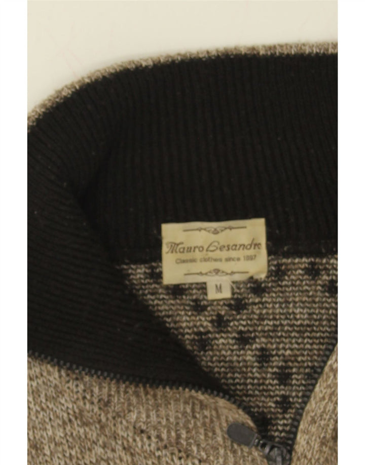 VINTAGE Mens Zip Neck Jumper Sweater Medium Brown Geometric Polyacrylic Vintage Vintage and Second-Hand Vintage from Messina Hembry 