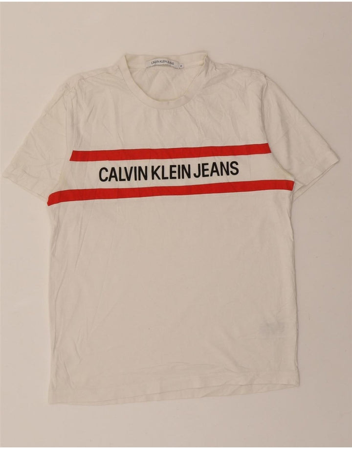 CALVIN KLEIN JEANS Mens Graphic T-Shirt Top Medium White Cotton Vintage Calvin Klein Jeans and Second-Hand Calvin Klein Jeans from Messina Hembry 