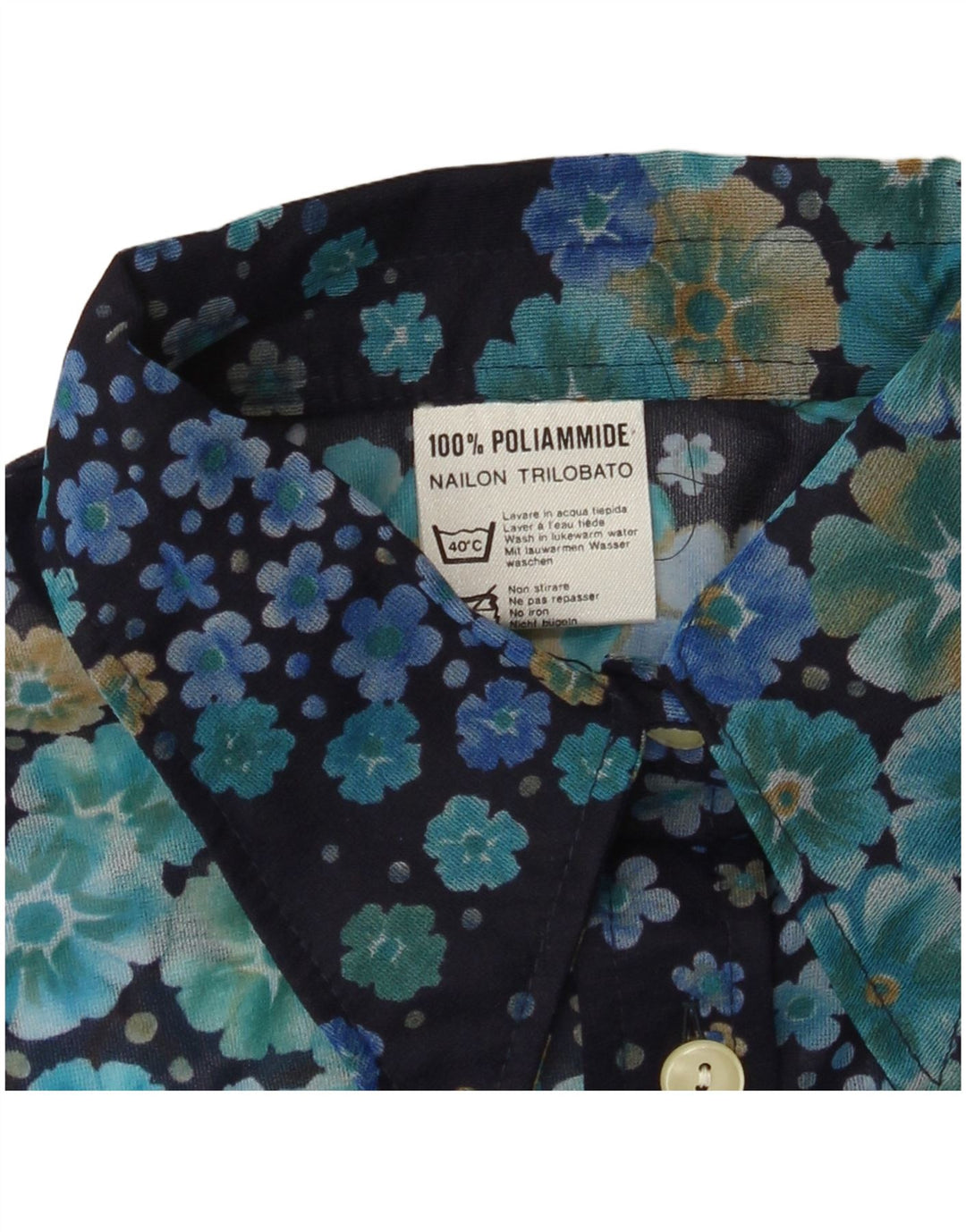VINTAGE skjortebluse til kvinder UK 10 Lille marineblå blomsterpolyamid