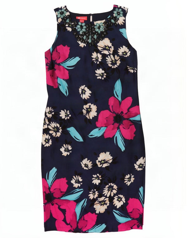 Monsoon Dame Ærmeløs Skede Kjole UK 14 Large Navy Blue Floral Viscose