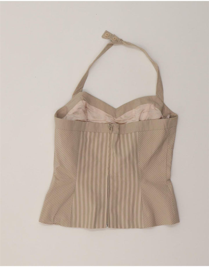Oasis Womens Crop Halter Top UK 10 Small Beige Stribet Bomuld