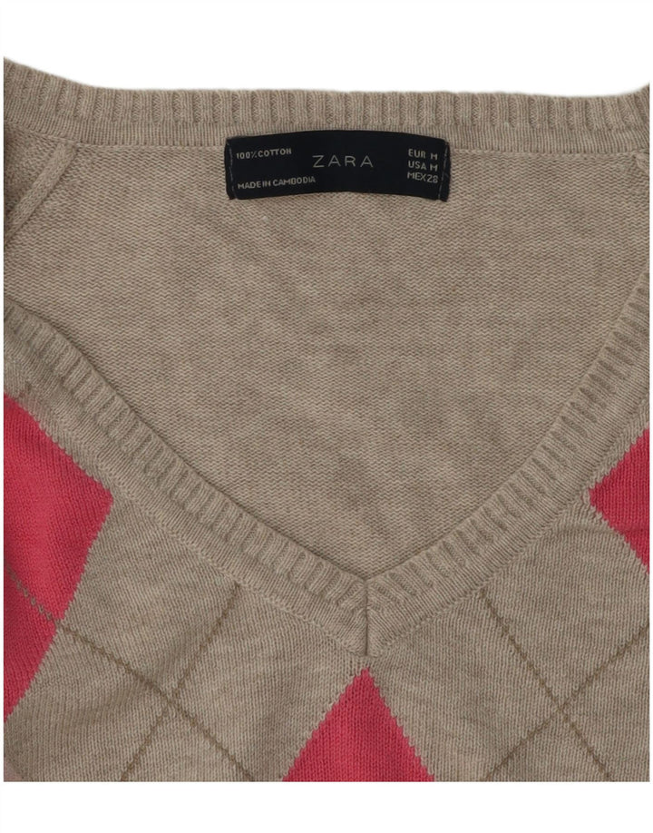 Zara Womens Crop V-hals sweater UK 12 Medium Grey Argyle/Diamond