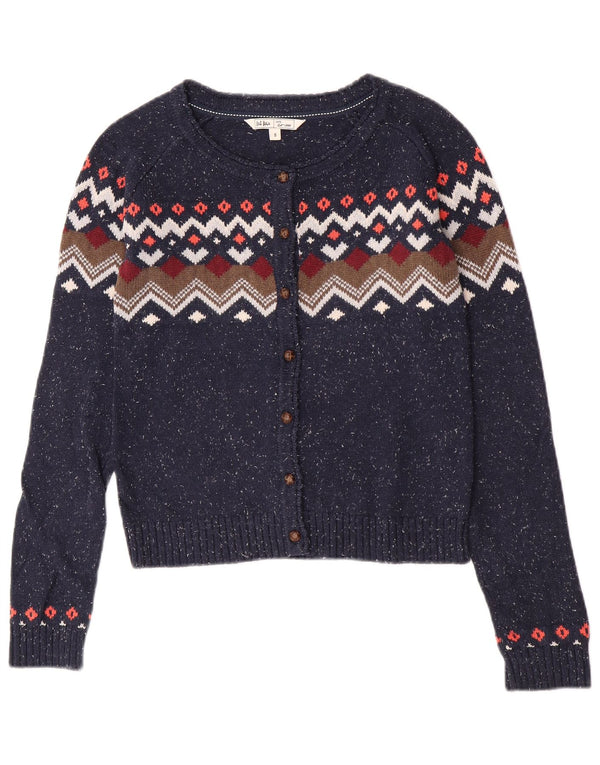 Fat Face Dame Cardigan Sweater UK 8 Small Navy Blue Fair Isle Cotton