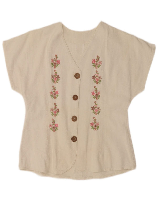 Vintage kvinders kortærmet skjortebluse UK 10 Small Off White Floral