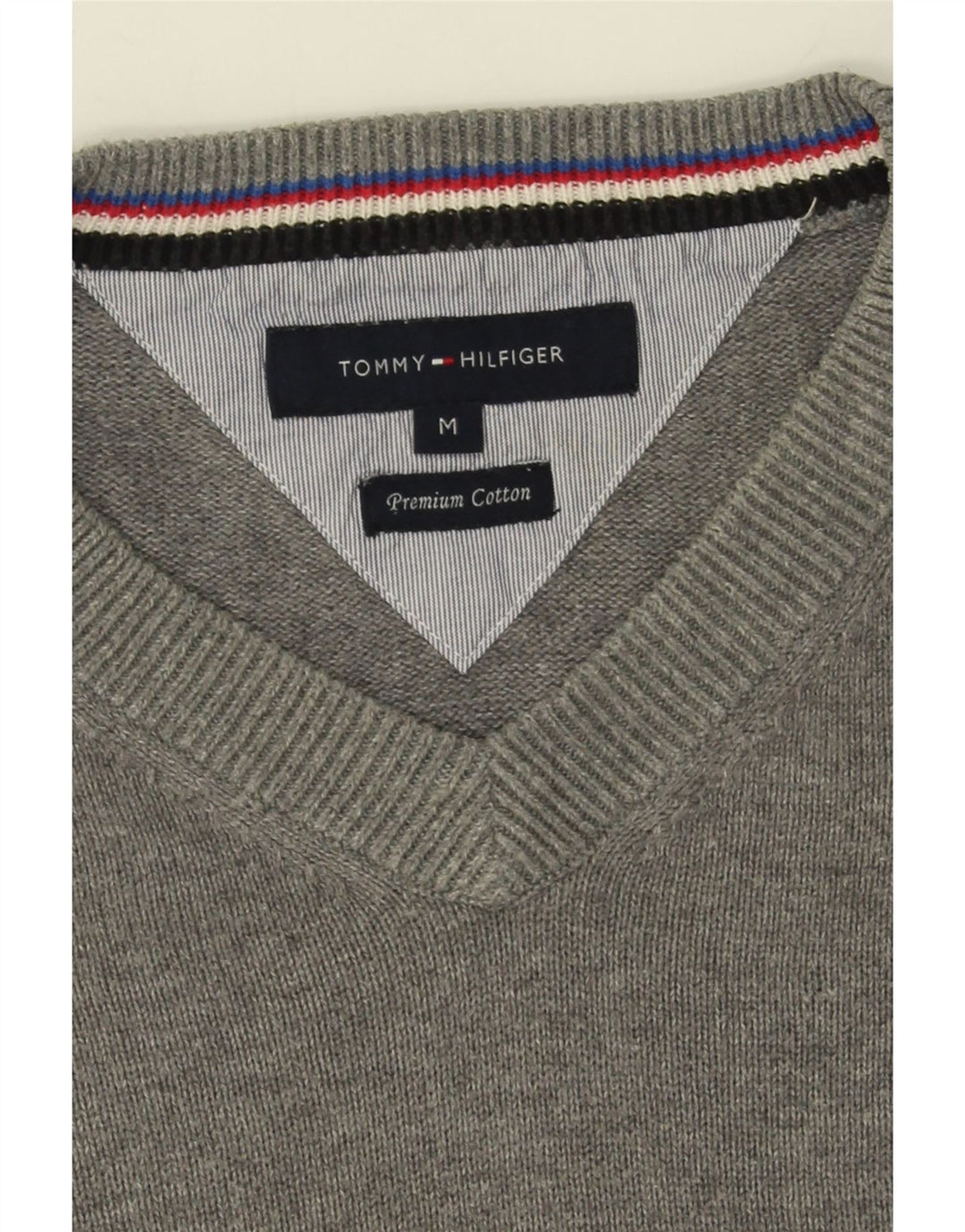 TOMMY HILFIGER Mens V-Neck Jumper Sweater Medium Grey Cotton Vintage Tommy Hilfiger and Second-Hand Tommy Hilfiger from Messina Hembry 