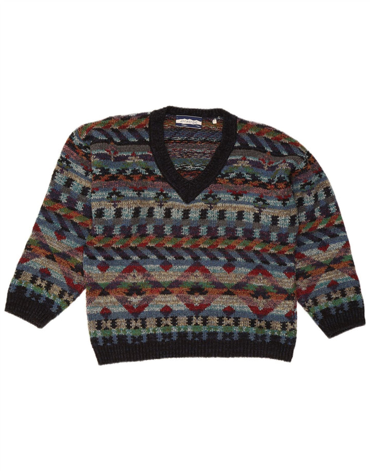Vintage Herre V-hals sweater Medium Flerfarvet geometrisk uld