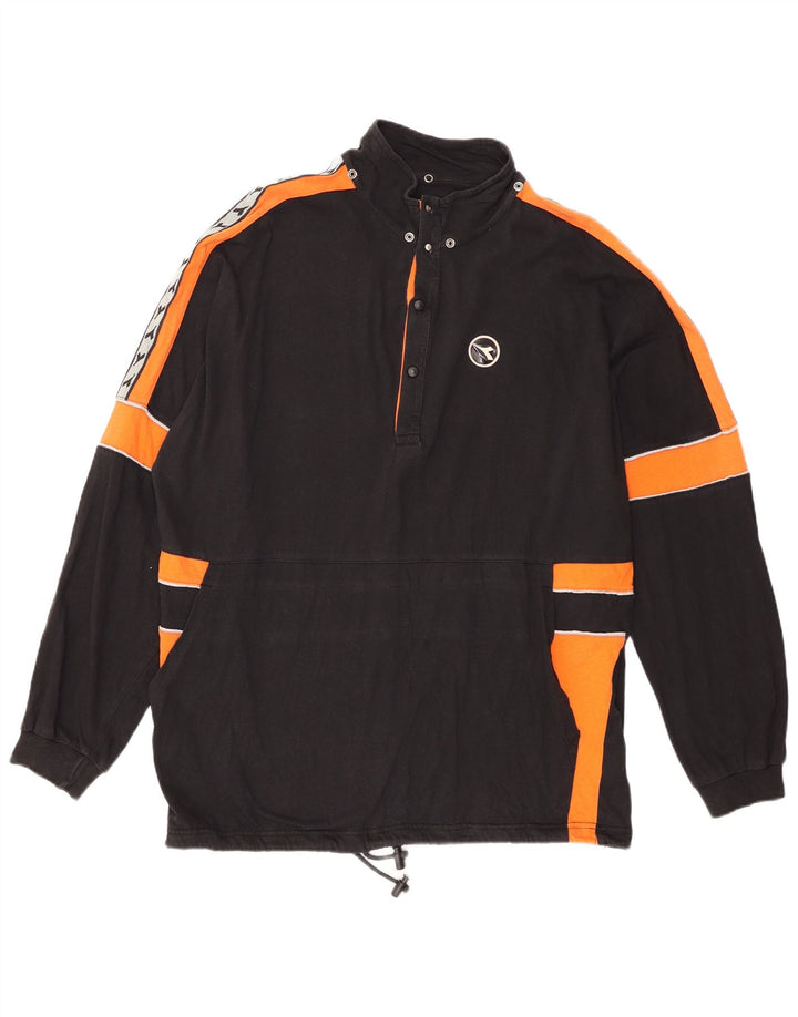 Diadora Herre Button Neck Sweatshirt Jumper XL Sort Colourblock Bomuld