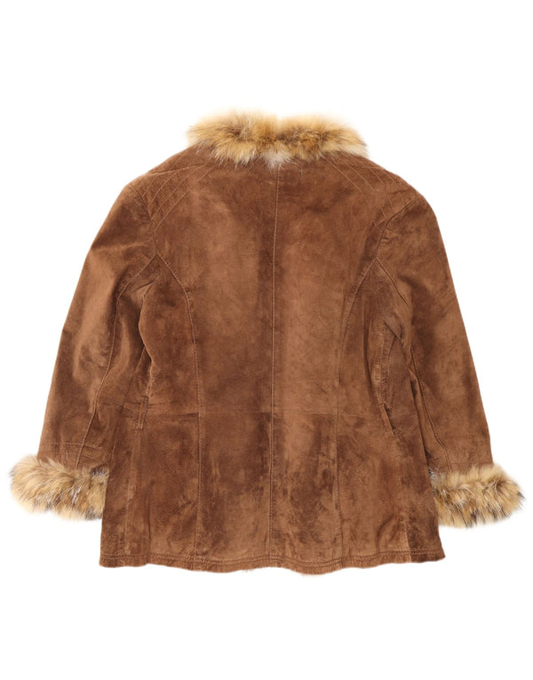 VINTAGE Dame åben ruskindsjakke IT 46 Stor brunt læder