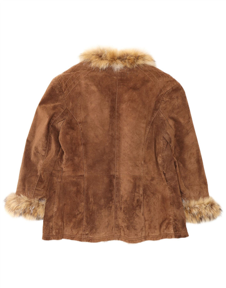 VINTAGE Dame åben ruskindsjakke IT 46 Stor brunt læder