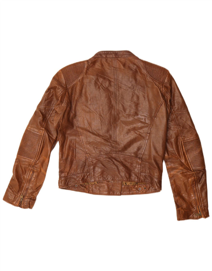 CONBIPEL Womens Crop Leather Racer Jacket IT 42 Medium Brown Leather