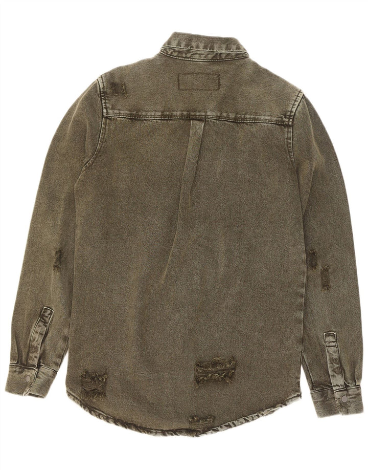 Zara Herre Distressed Relaxed Fit Denim Shirt Small Khaki Cotton
