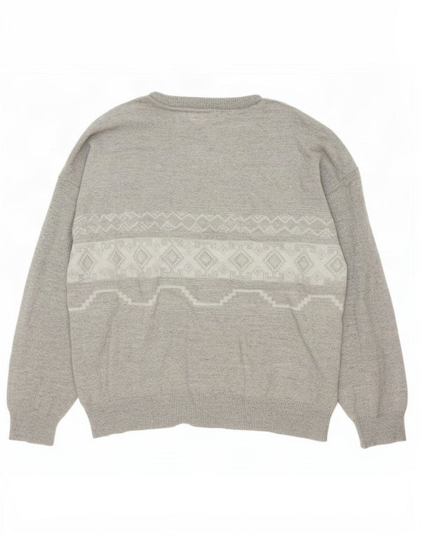 Vintage Herre Boat Neck Jumper Sweater XL Grå Geometrisk