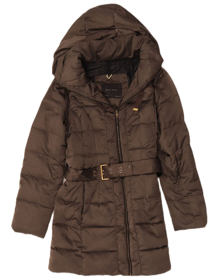 Zara Dame Hætte Polstret Frakke UK 16 Stor Brun Polyester