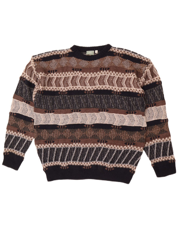 Vintage herre rund hals sweater 2XL brun stribet akryl