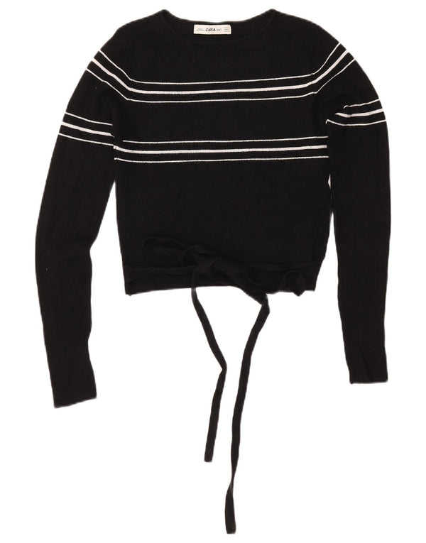 ZARA Dame Crop Boat Neck Jumper Sweater UK 12 Medium Sort Stribet