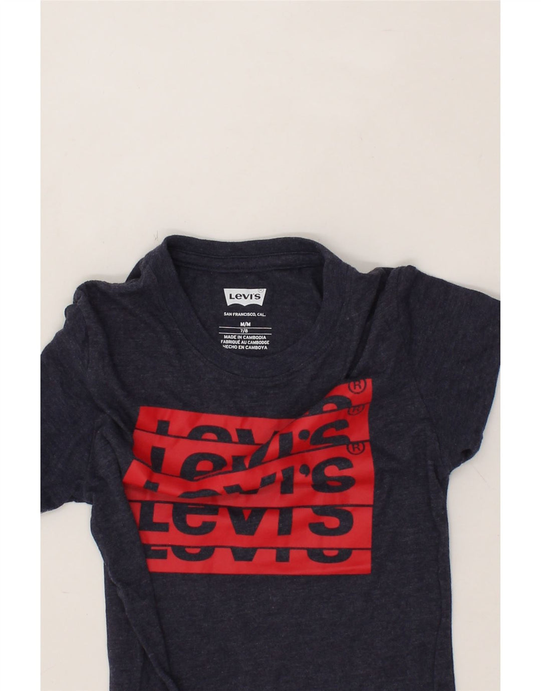 LEVI'S Boys Graphic T-Shirt Top 7-8 Years Medium Navy Blue Flecked Cotton Vintage Levi's and Second-Hand Levi's from Messina Hembry 