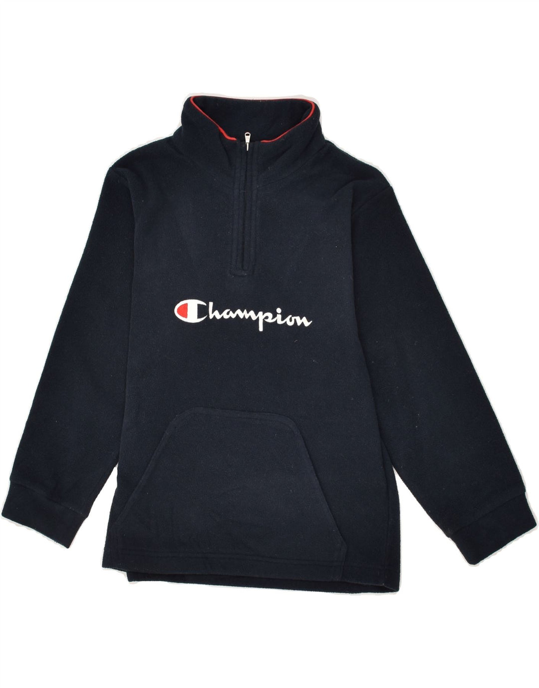 CHAMPION Boys Graphic Zip Neck Fleece Jumper 7-8 Years Navy Blue Polyester | Vintage Champion | Thrift | Second-Hand Champion | Used Clothing | Messina Hembry 