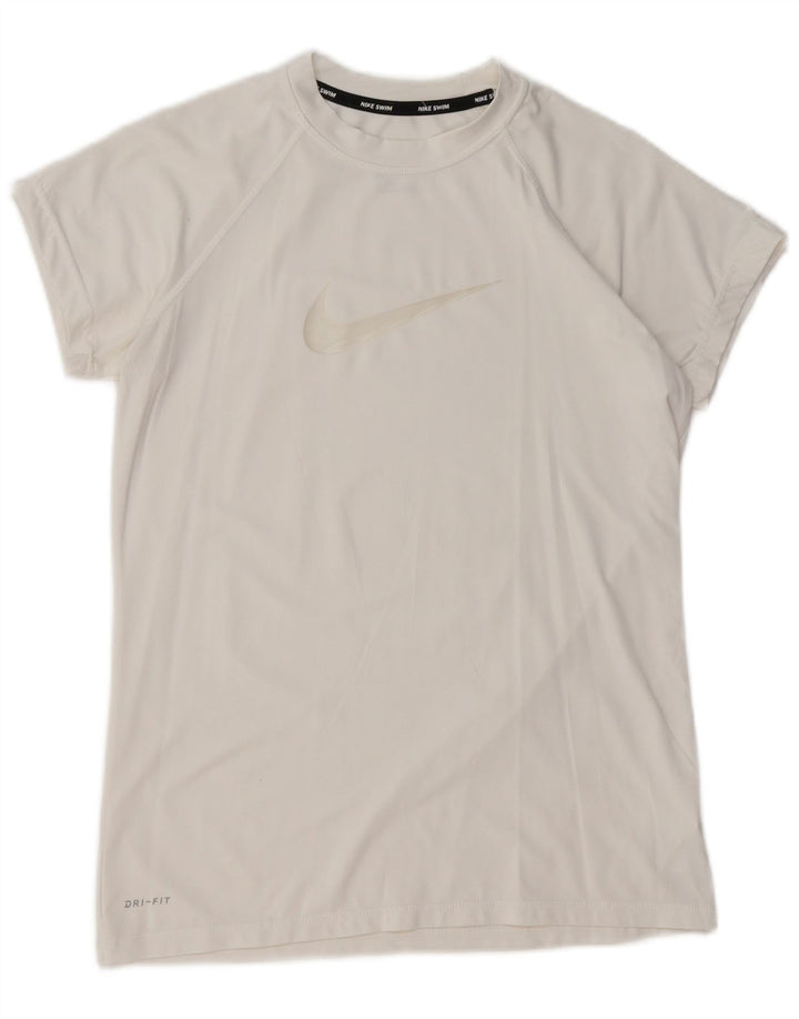 NIKE Dame Dri Fit grafisk T-shirt Top UK 12 Medium White Polyester