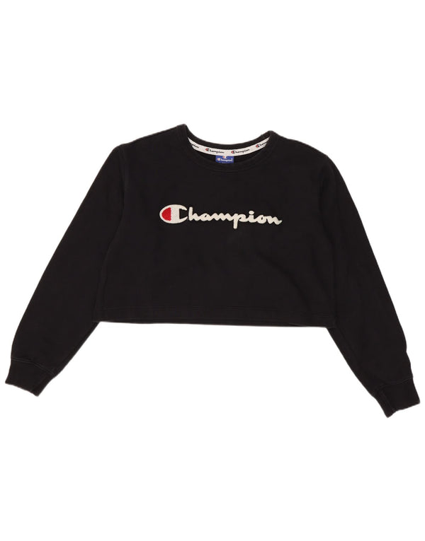 Champion Womens Oversized Crop Graphic Sweatshirt Jumper UK 6 XS Sort