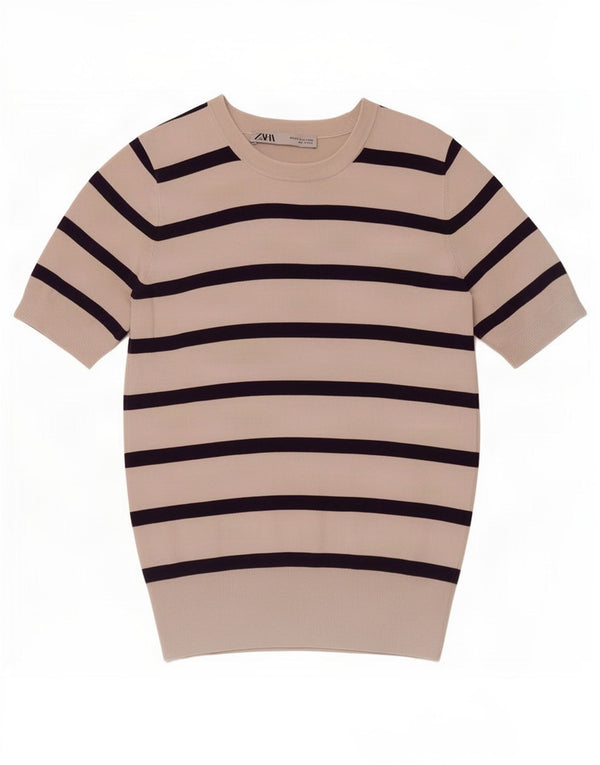 Zara Dame Bluse Top UK 12 Medium Grå Stribet Viscose
