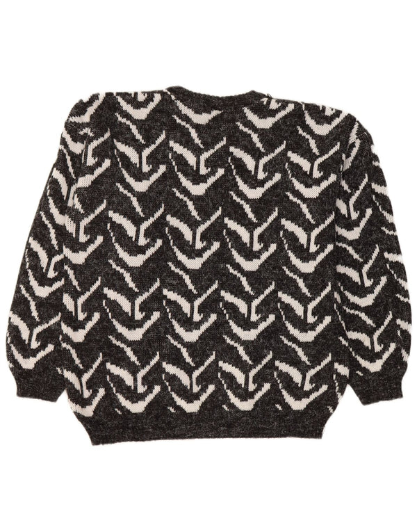 Vintage Dame Crew Neck Jumper Sweater UK 16 Stor Sort Geometrisk