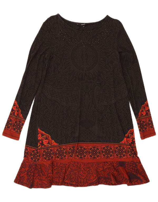 Desigual Kvinders Grafisk Langærmet Tiered Kjole UK 12 Medium Brown Floral