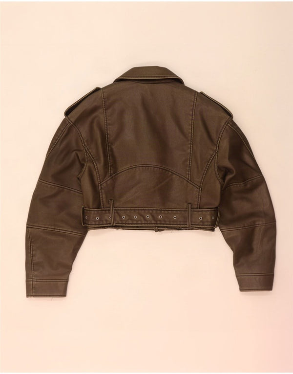 Zara Womens Crop Biker-jakke i imiteret læder UK 10 Small Khaki Polyethylene