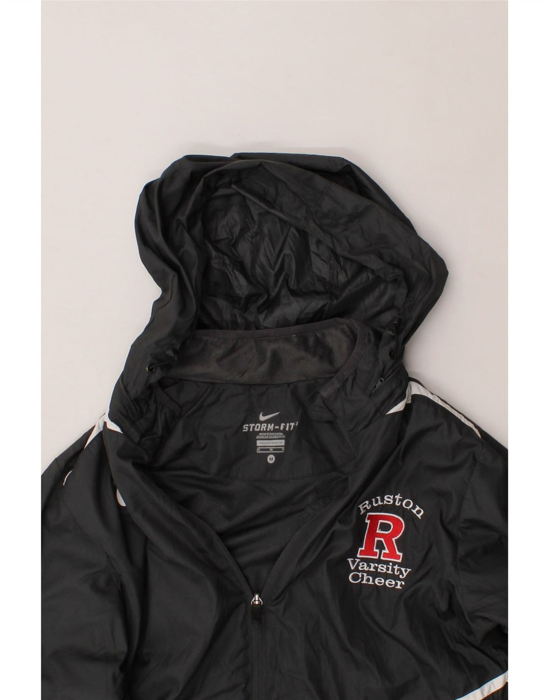 NIKE Womens Graphic Hooded Rain Jacket UK 14 Medium Black Polyester Vintage Nike and Second-Hand Nike from Messina Hembry 