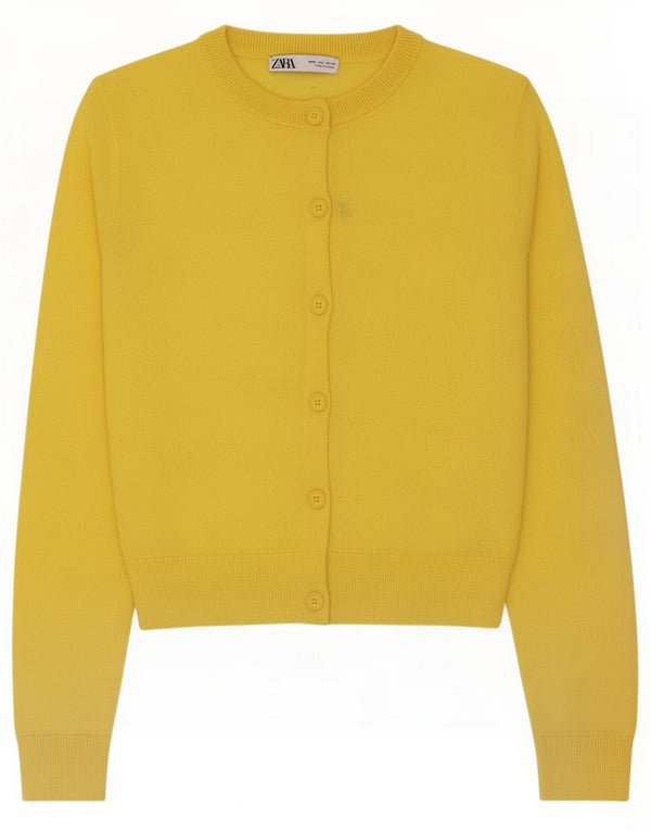 Zara Womens Crop Cardigan Sweater UK 10 Small Yellow Nylon