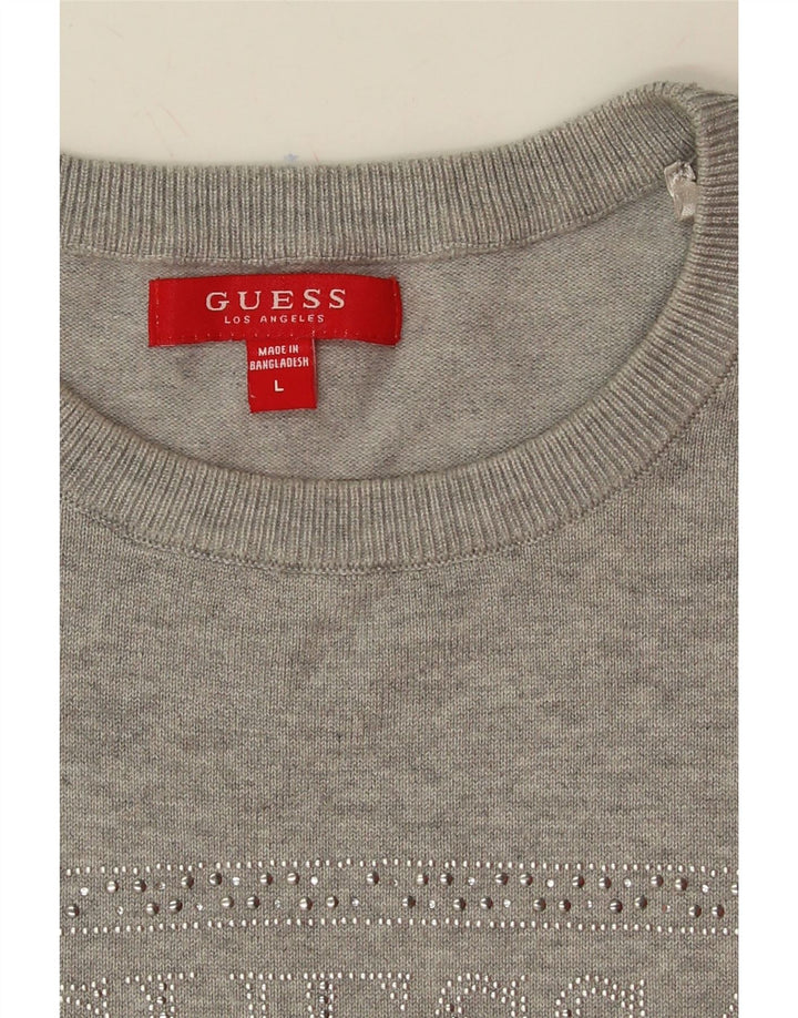 GUESS Womens Graphic Boat Neck Jumper Sweater UK 14 Large Grey Polyamide Vintage Guess and Second-Hand Guess from Messina Hembry 