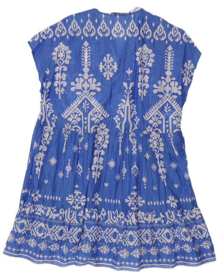 ZARA Kvinders Oversized A-Line Kjole UK 14 Medium Blue Fair Isle Cotton