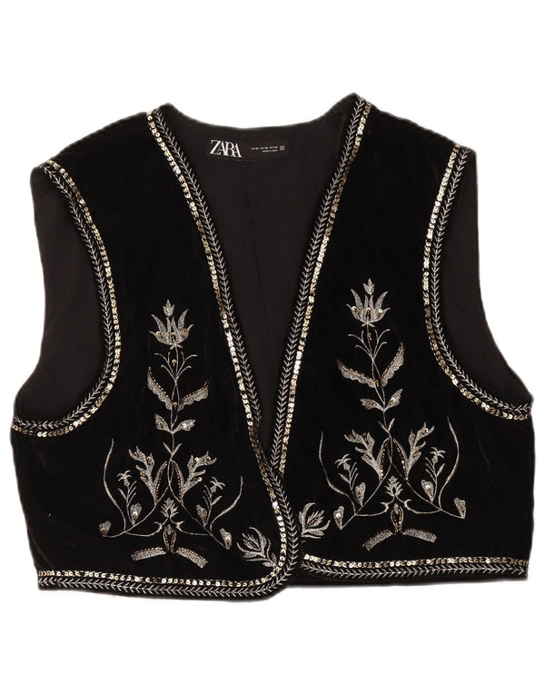 Zara Womens Velvet OPEN vest UK 18 XL Black Floral Polyester