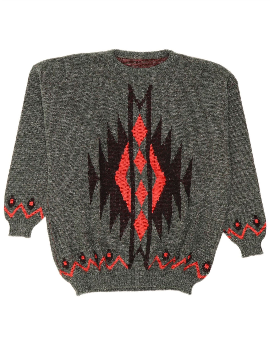Vintage herre rund hals sweater stor grå geometrisk polyakryl