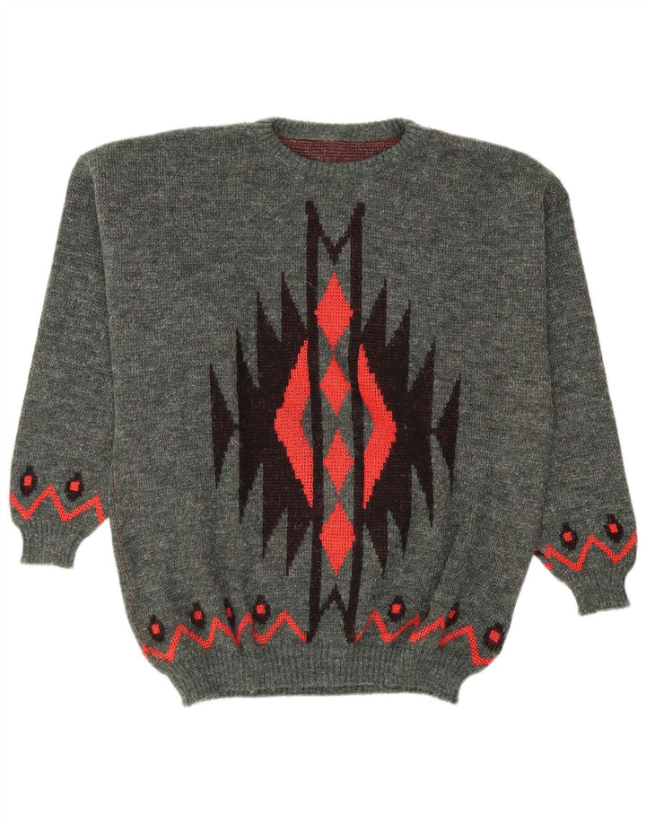 Vintage herre rund hals sweater stor grå geometrisk polyakryl